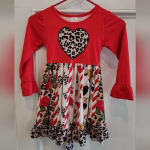 Red Heart Leopard Print Long Sleeve Girls Dress